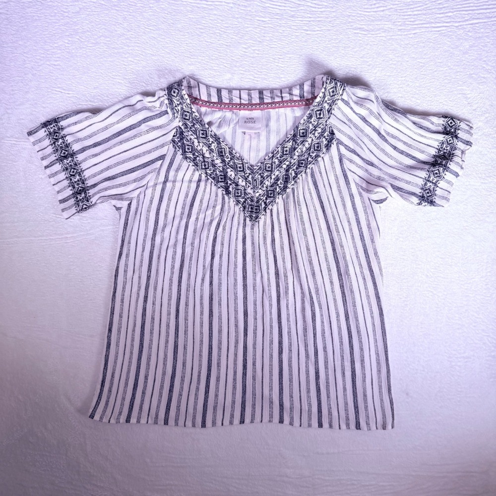 KNOX ROSE Striped Embroidered V Neck Short‎ Sleeve Blouse Bohemiam Women Size M